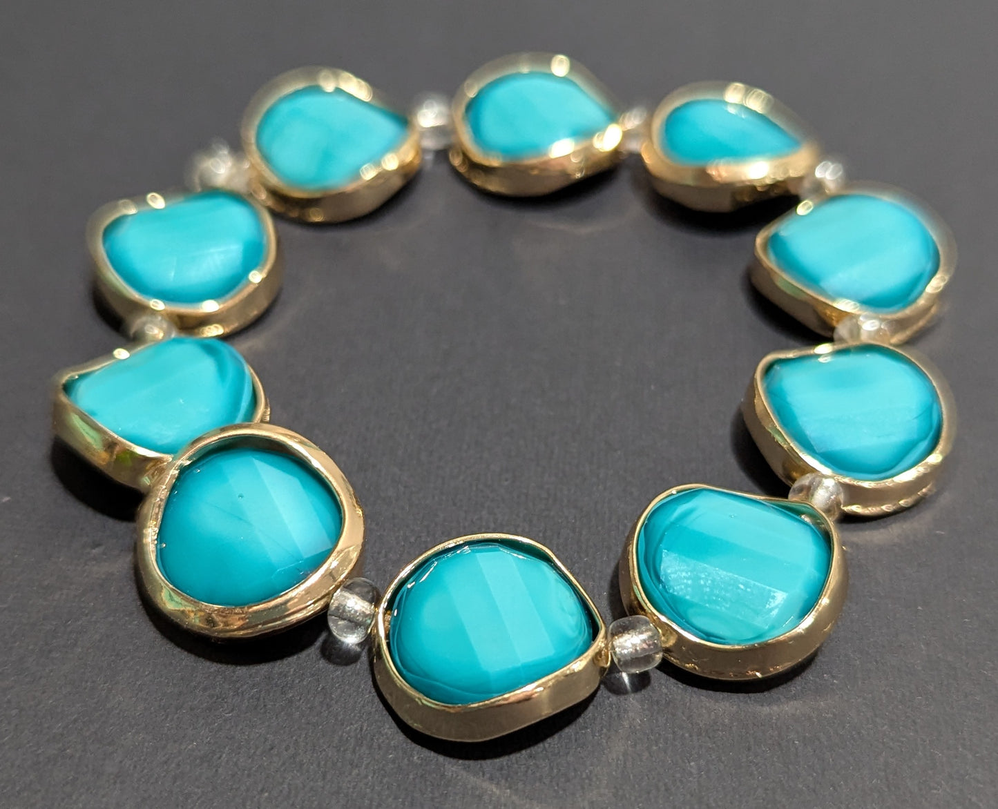 Teal and Gold Faceted Glass Coin Bead Bracelet