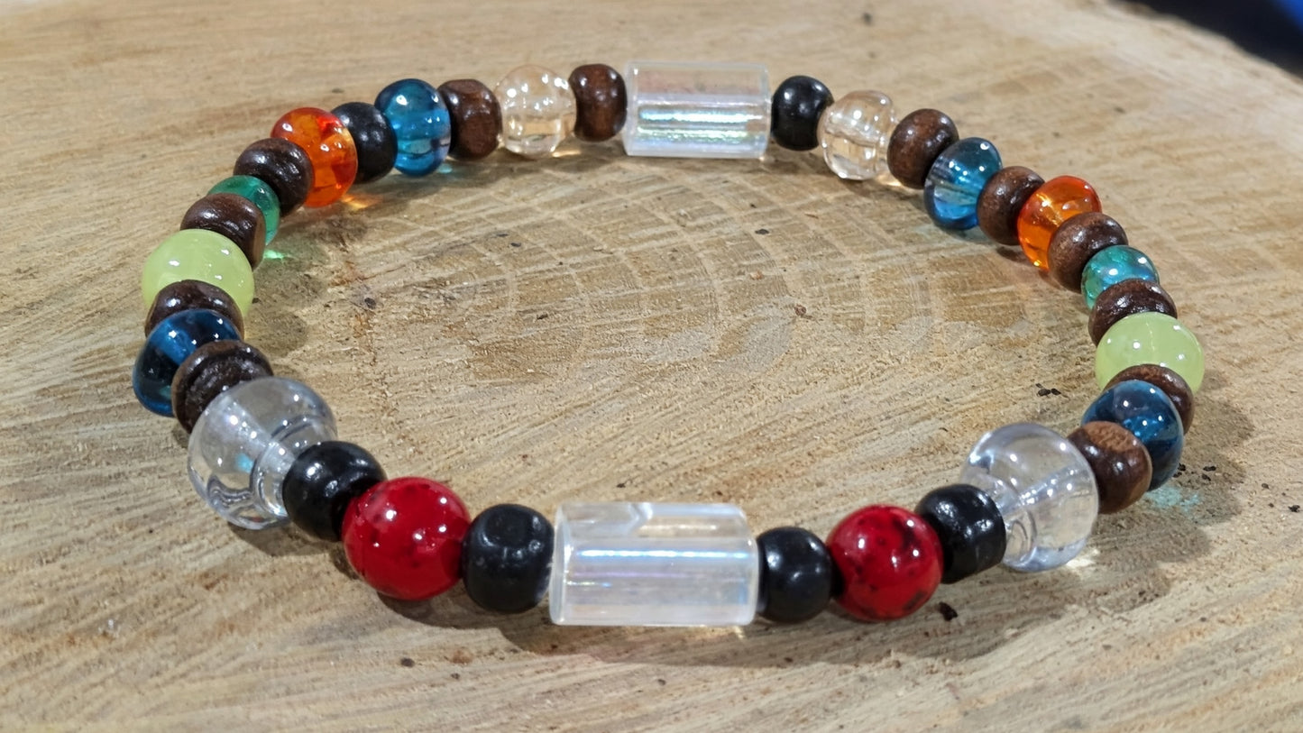 Multicolor - beaded glass and wood stretchy bracelet
