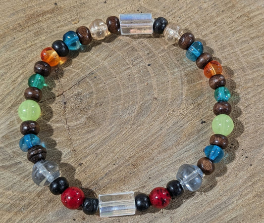 Multicolor  - beaded glass and wood stretchy bracelet
