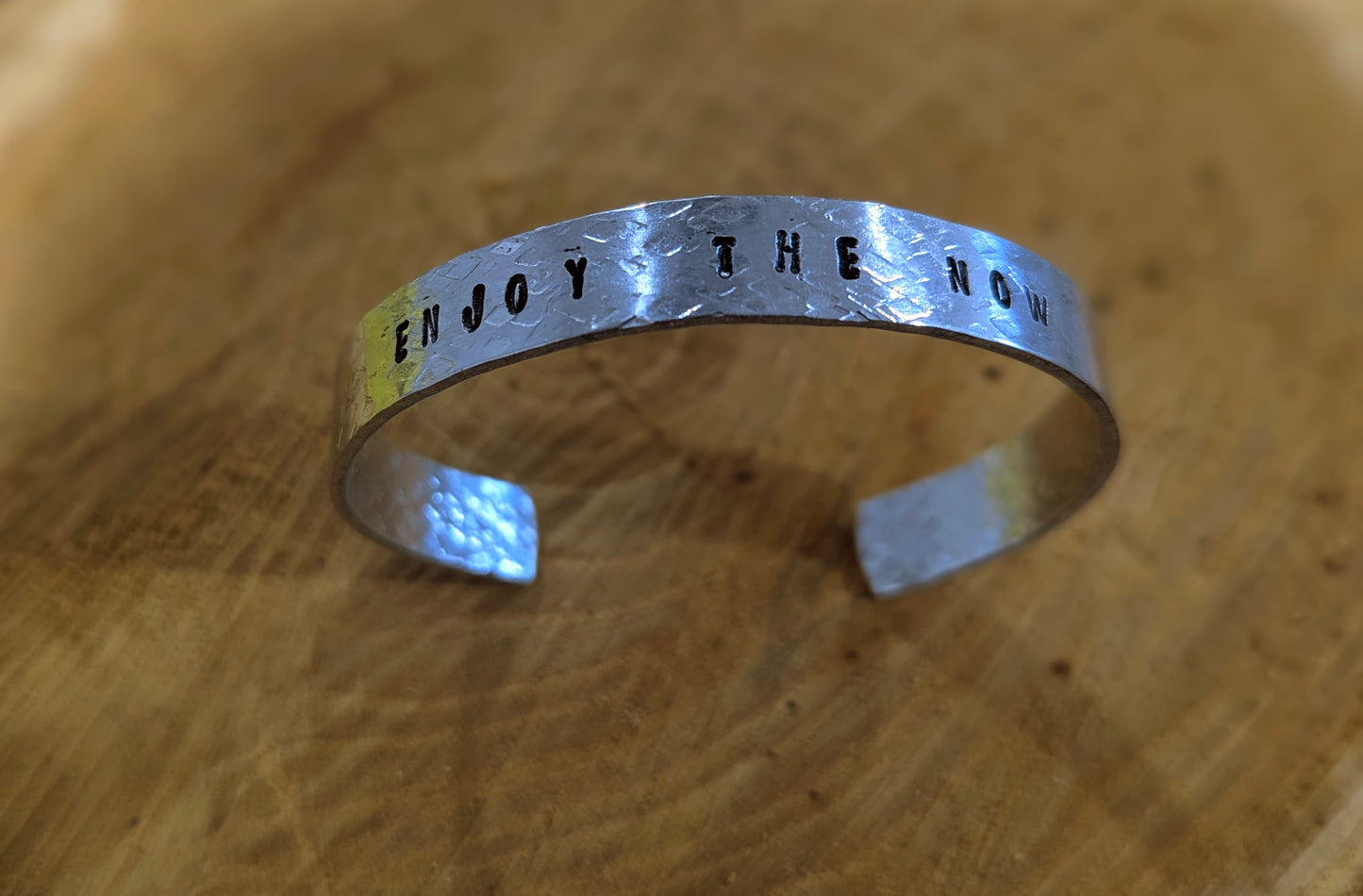Enjoy The Now - stainless hammered hand stamped cuff bracelet